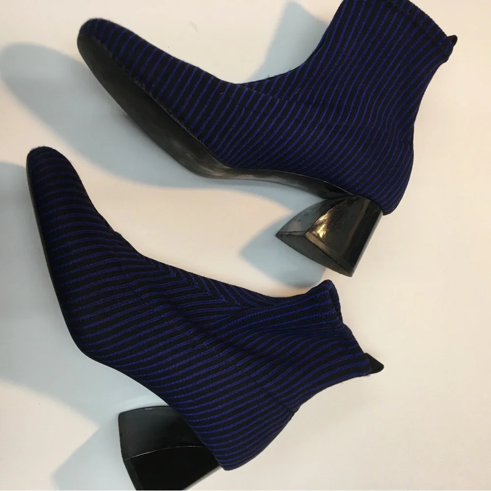 Zara Trafaluc Knit Sock Stripe Booties Block Heel EU 36 Blue Black Office - Picture 5 of 12